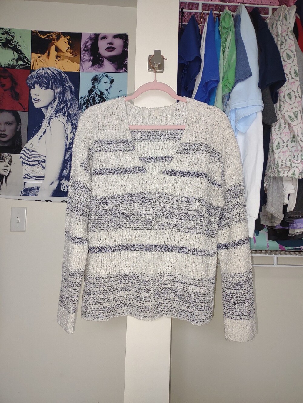 Gray & White Striped Crewneck Sweater